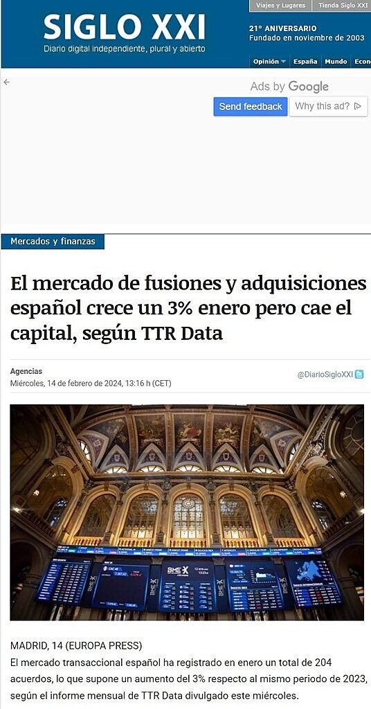 El mercado de fusiones y adquisiciones espaol crece un 3% enero pero cae el capital, segn TTR Data